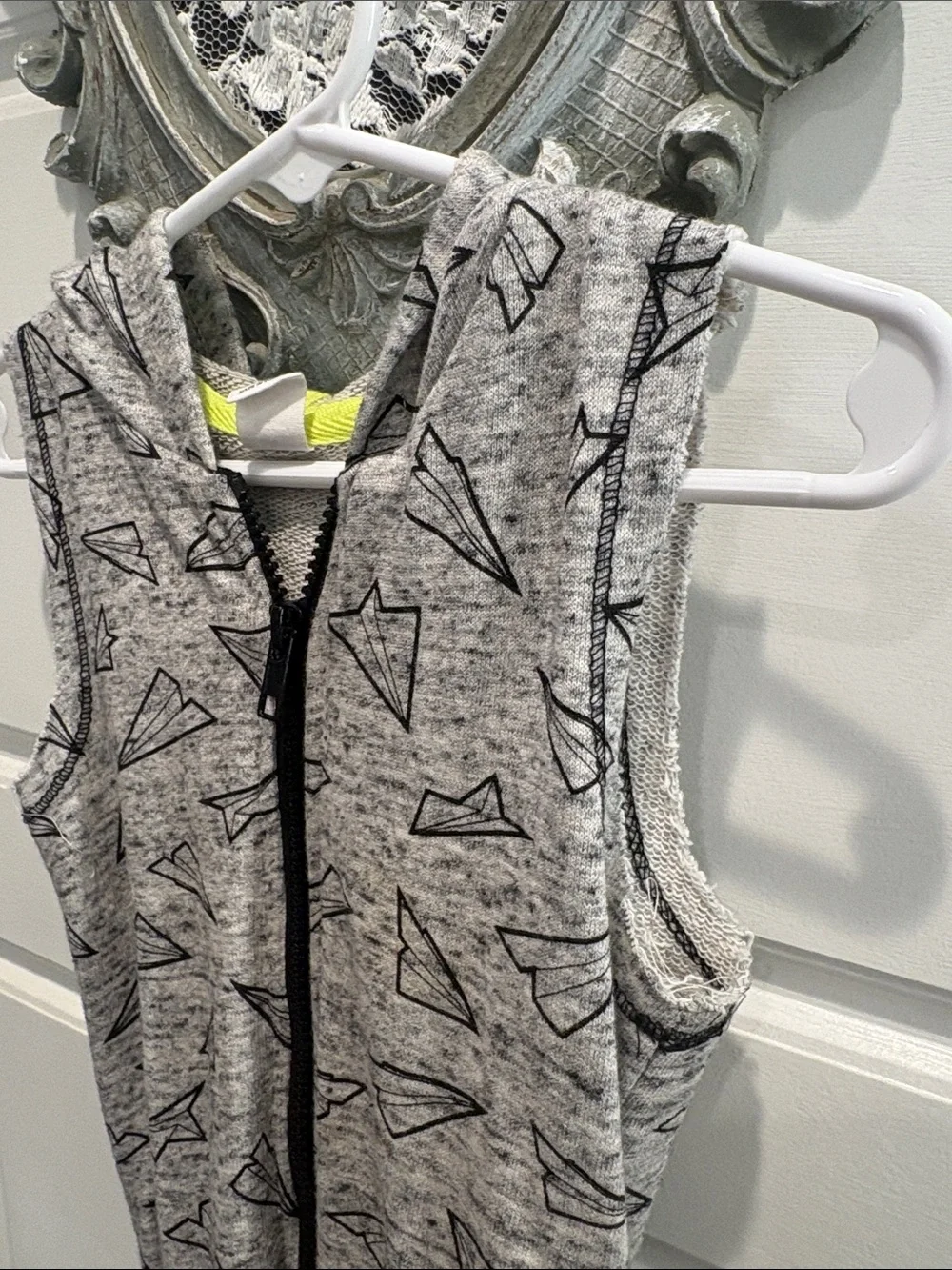 Grey Paper Plane Hooded Kids Romper with Front Zip